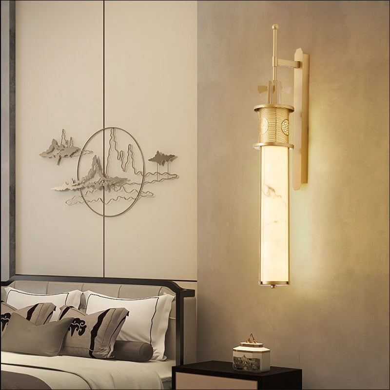 Iron Long Pole Marble Cylinder Shade LED Wall Sconce Lamp