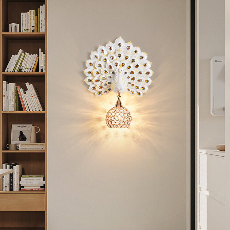 Resin Peacock Crystal Ball Shade 1-Light Wall Sconce Lamp