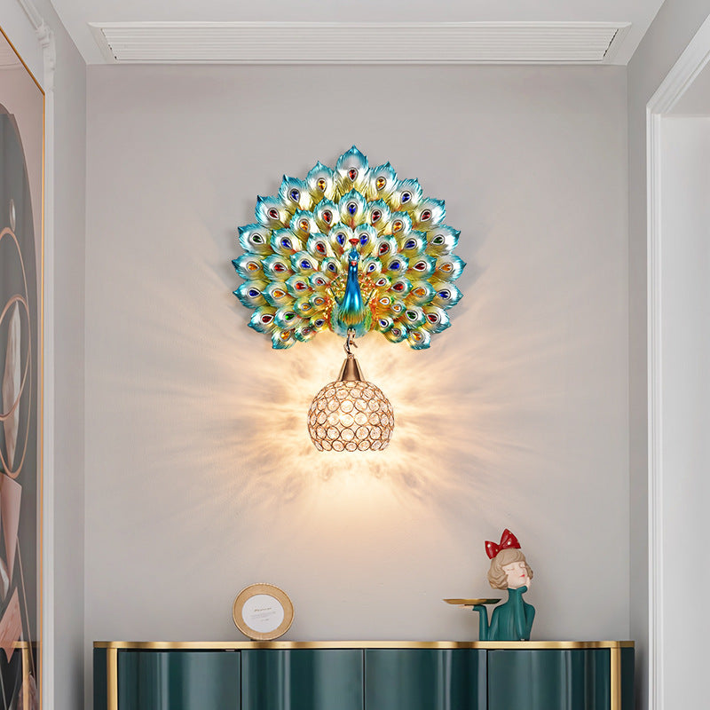 Resin Peacock Crystal Ball Shade 1-Light Wall Sconce Lamp
