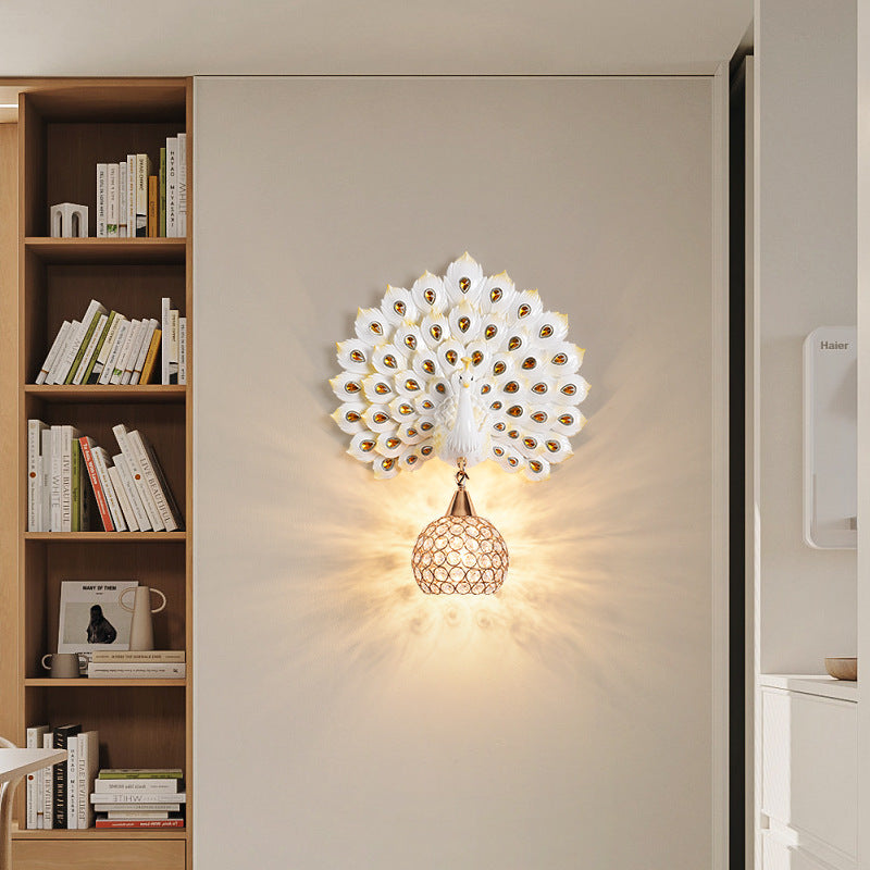 Resin Peacock Crystal Ball Shade 1-Light Wall Sconce Lamp