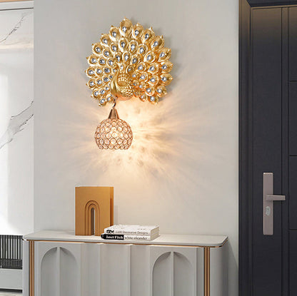 Resin Peacock Crystal Ball Shade 1-Light Wall Sconce Lamp