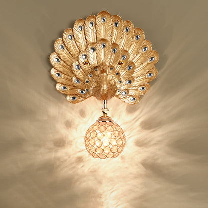 Luxury Resin Peacock Crystal Round 1-Light Wall Sconce Lamp