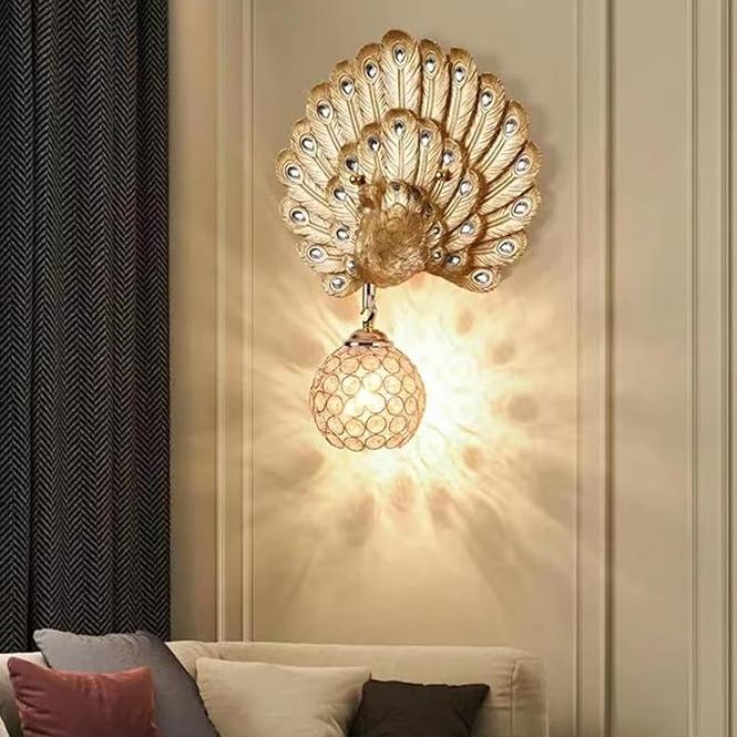 Luxury Resin Peacock Crystal Round 1-Light Wall Sconce Lamp