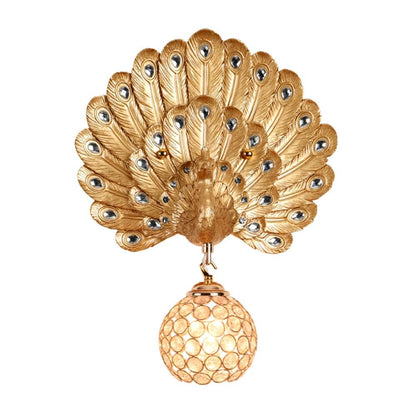 Luxury Resin Peacock Crystal Round 1-Light Wall Sconce Lamp