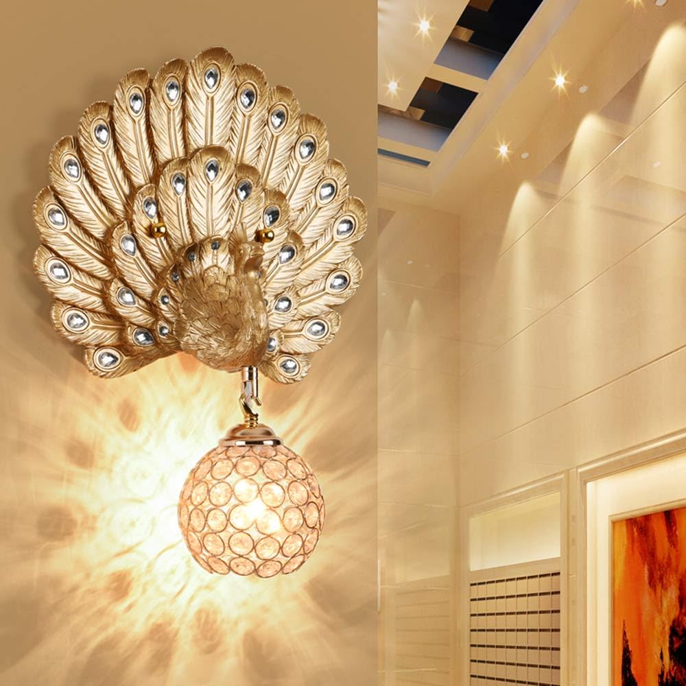 Luxury Resin Peacock Crystal Round 1-Light Wall Sconce Lamp