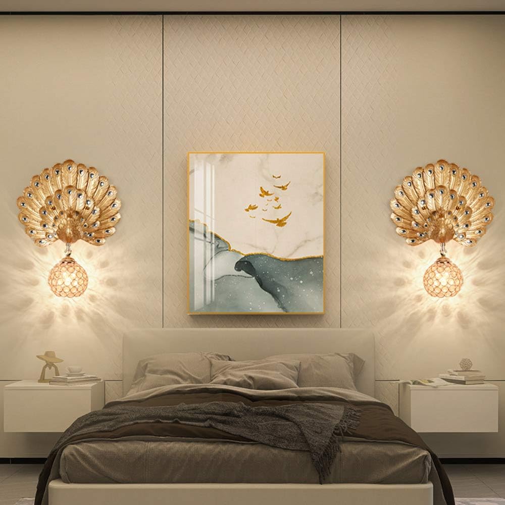 Luxury Resin Peacock Crystal Round 1-Light Wall Sconce Lamp