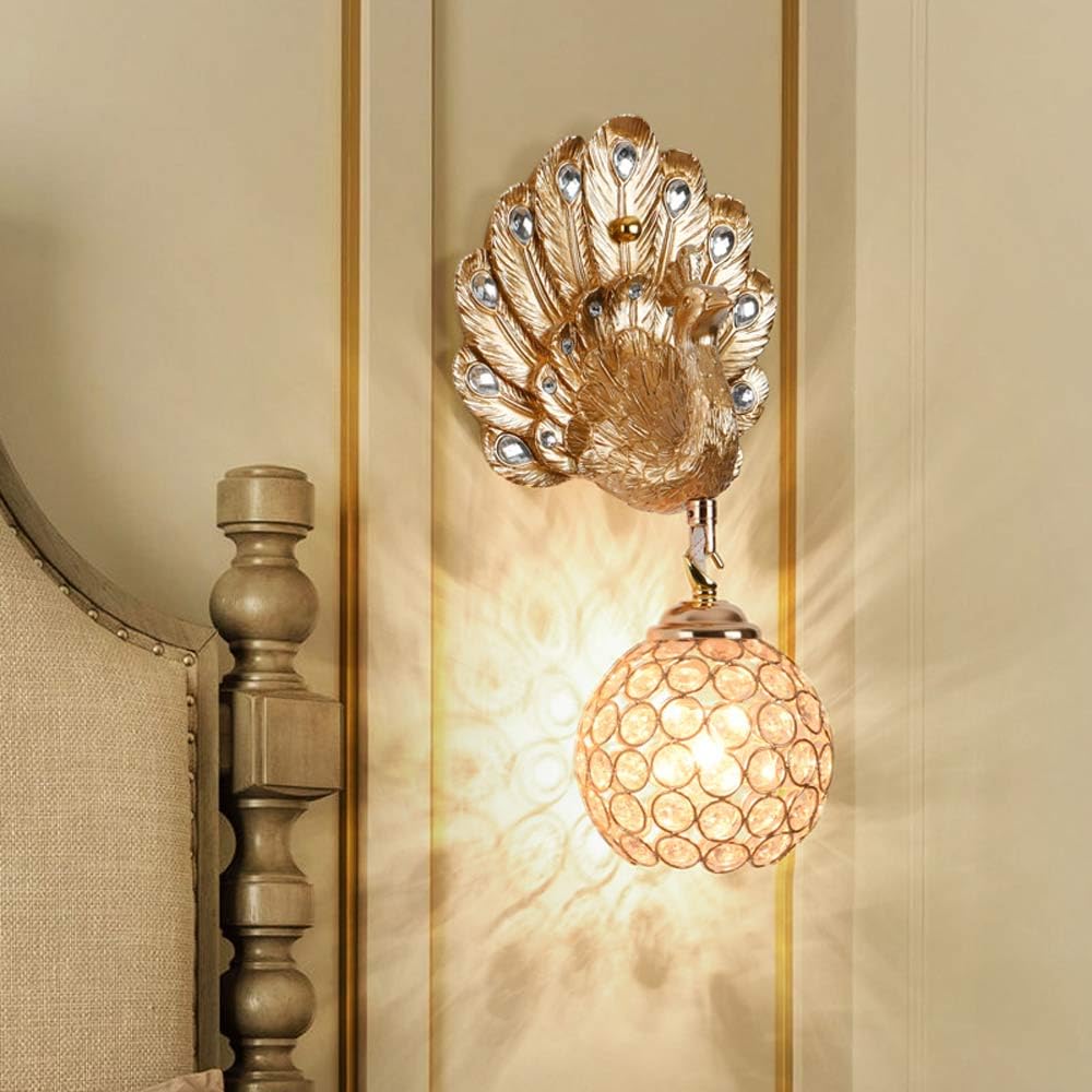 Luxury Resin Peacock Crystal Round 1-Light Wall Sconce Lamp