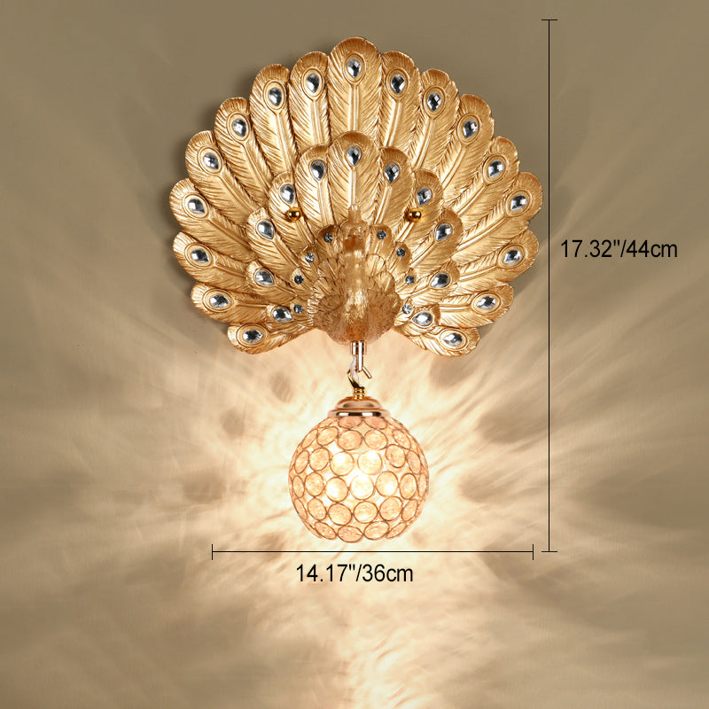 Luxury Resin Peacock Crystal Round 1-Light Wall Sconce Lamp