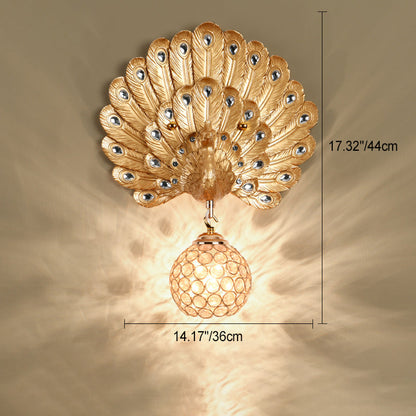 Luxury Resin Peacock Crystal Round 1-Light Wall Sconce Lamp