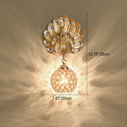 Luxury Resin Peacock Crystal Round 1-Light Wall Sconce Lamp