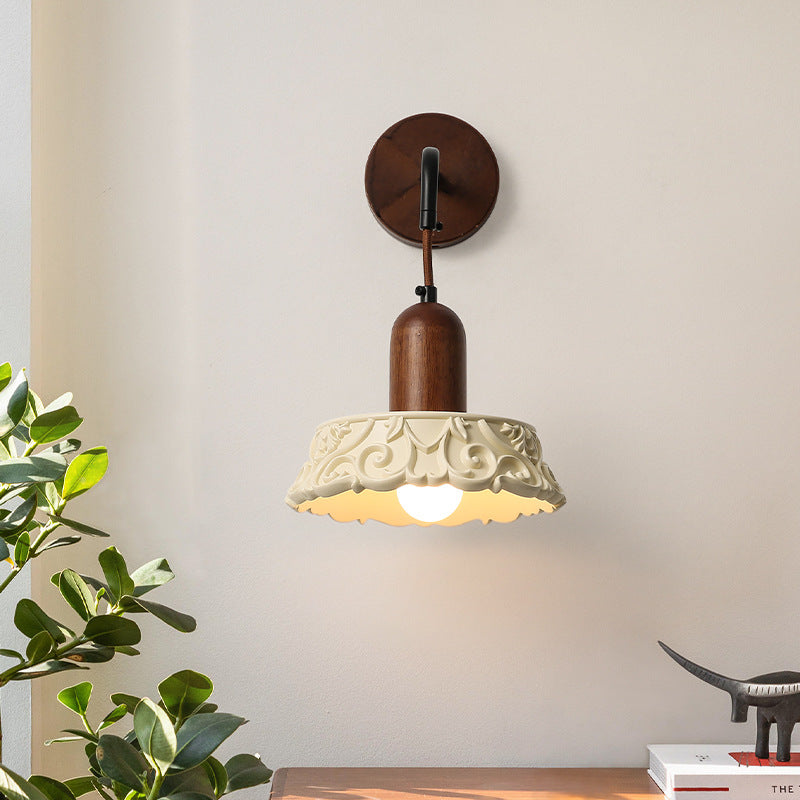 Japanese Resin Carving Round 1-Light Wall Sconce Lamp