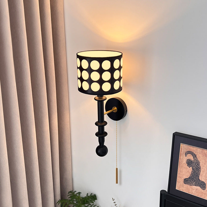 French Fabric Shade Walnut Wood 1-Light Wall Sconce Lamp