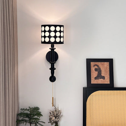 French Fabric Shade Walnut Wood 1-Light Wall Sconce Lamp