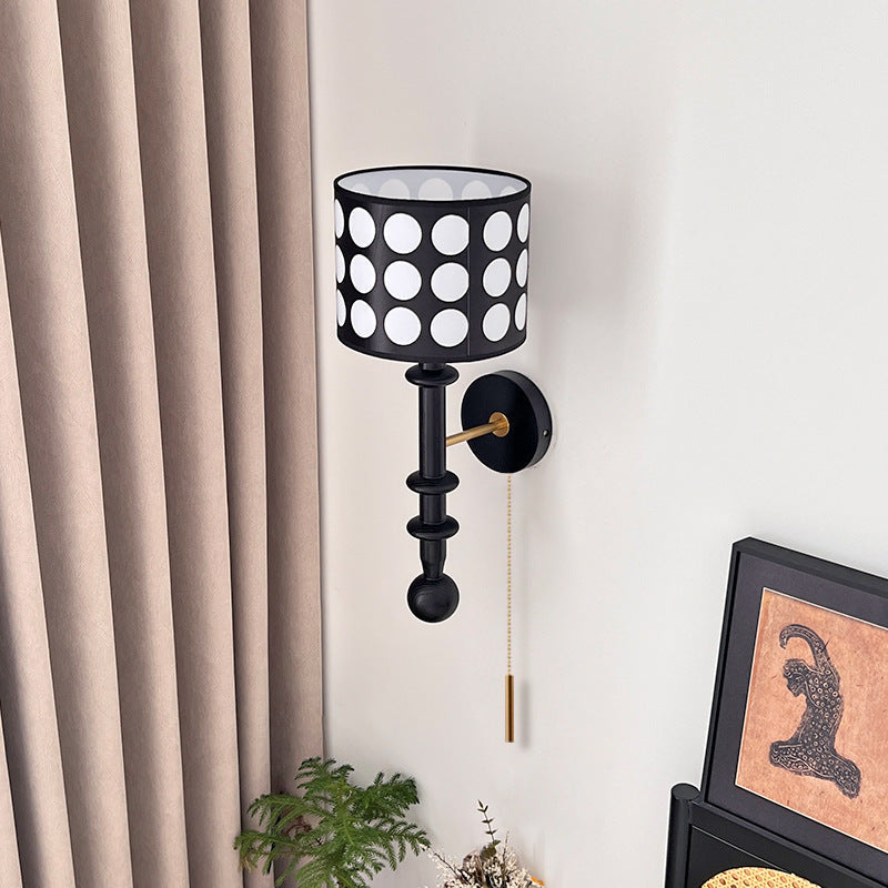 French Fabric Shade Walnut Wood 1-Light Wall Sconce Lamp