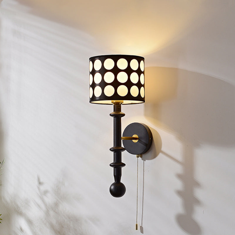 French Fabric Shade Walnut Wood 1-Light Wall Sconce Lamp