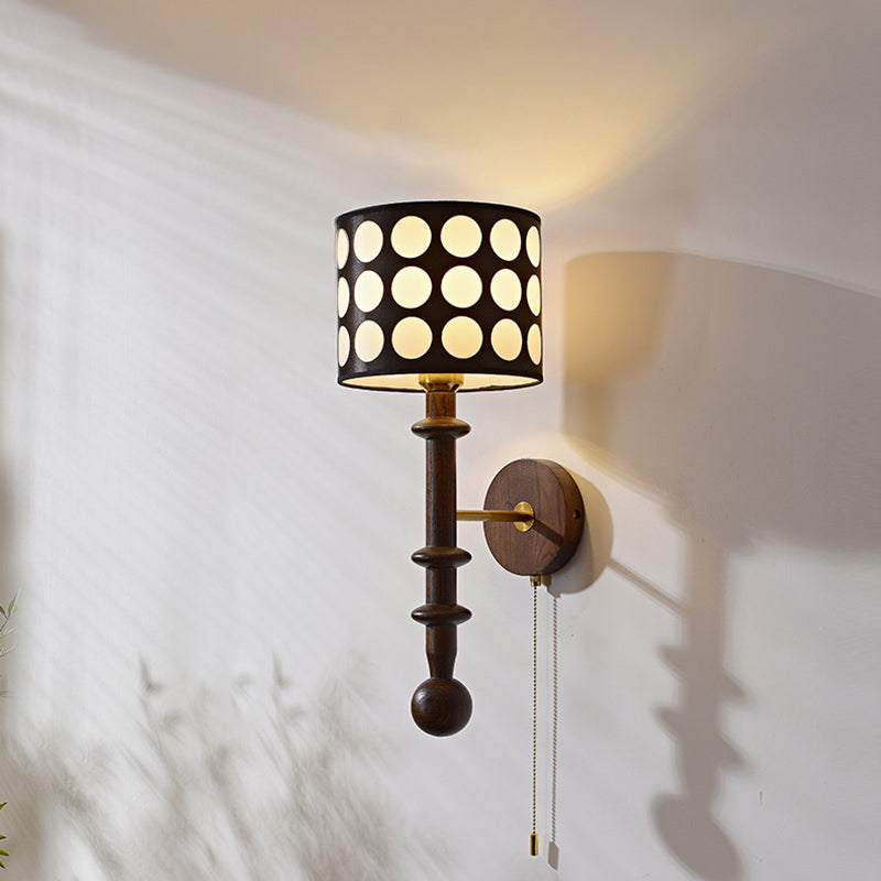 French Fabric Shade Walnut Wood 1-Light Wall Sconce Lamp
