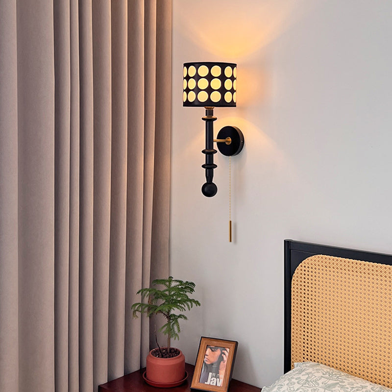 French Fabric Shade Walnut Wood 1-Light Wall Sconce Lamp