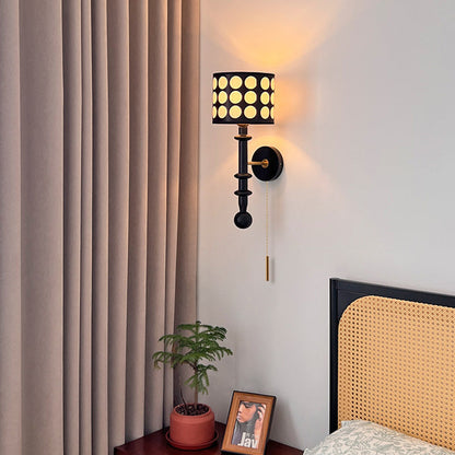 French Fabric Shade Walnut Wood 1-Light Wall Sconce Lamp