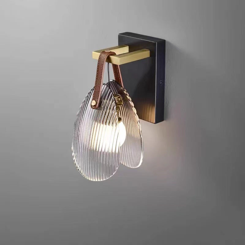 Leather Striped Glass Round Shade 1-Light Wall Sconce Lamp