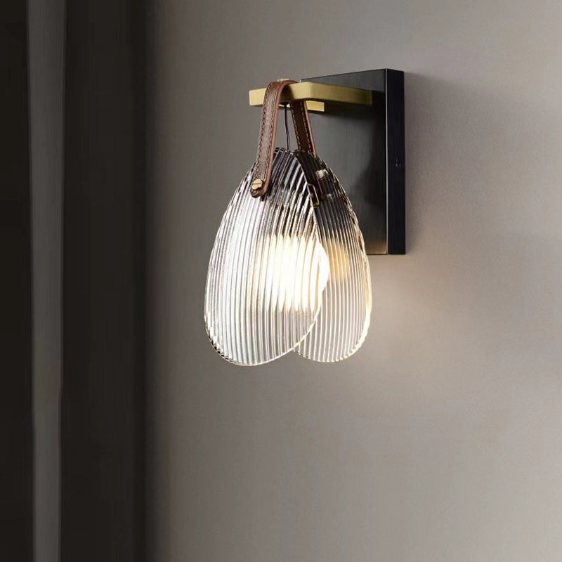 Leather Striped Glass Round Shade 1-Light Wall Sconce Lamp