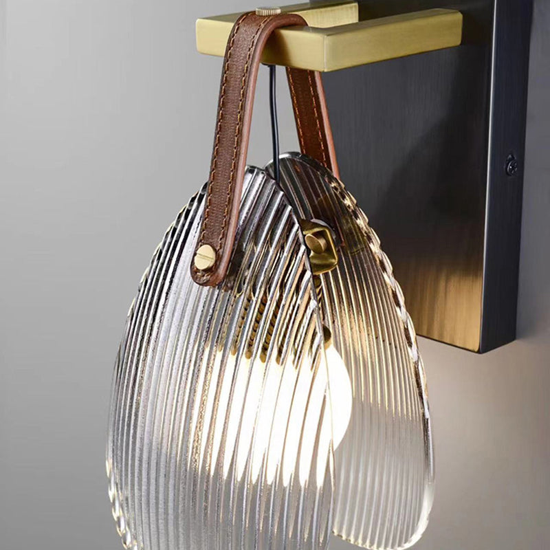 Leather Striped Glass Round Shade 1-Light Wall Sconce Lamp