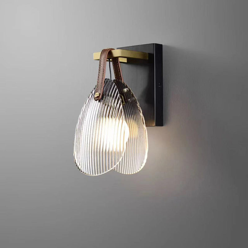 Leather Striped Glass Round Shade 1-Light Wall Sconce Lamp