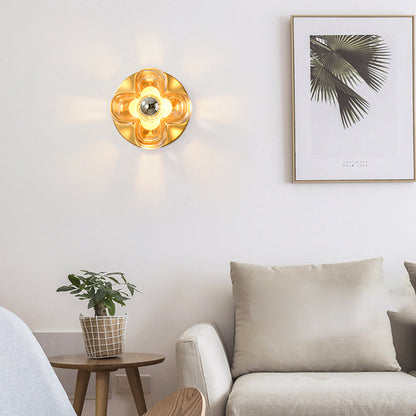 Brass Four-Leaf Clover Glass Shade 1-Light Wall Sconce Lamp