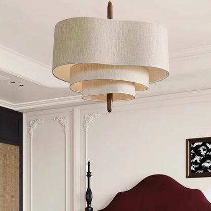 Traditional French Corrugated Fabric Shade Solid Wood 3-Light Pendant Light For Living Room