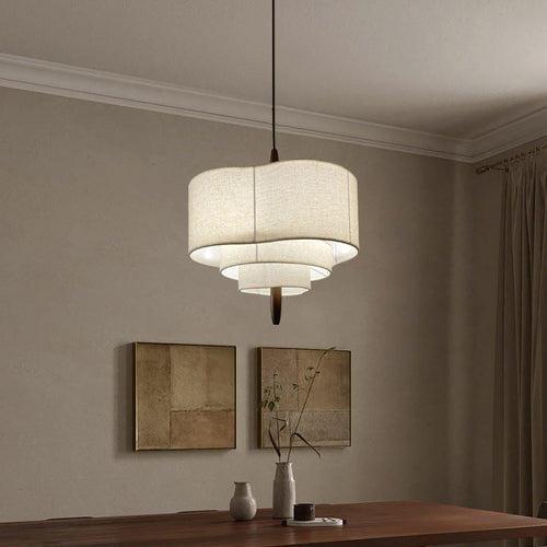 Traditional French Corrugated Fabric Shade Solid Wood 3-Light Pendant Light For Living Room