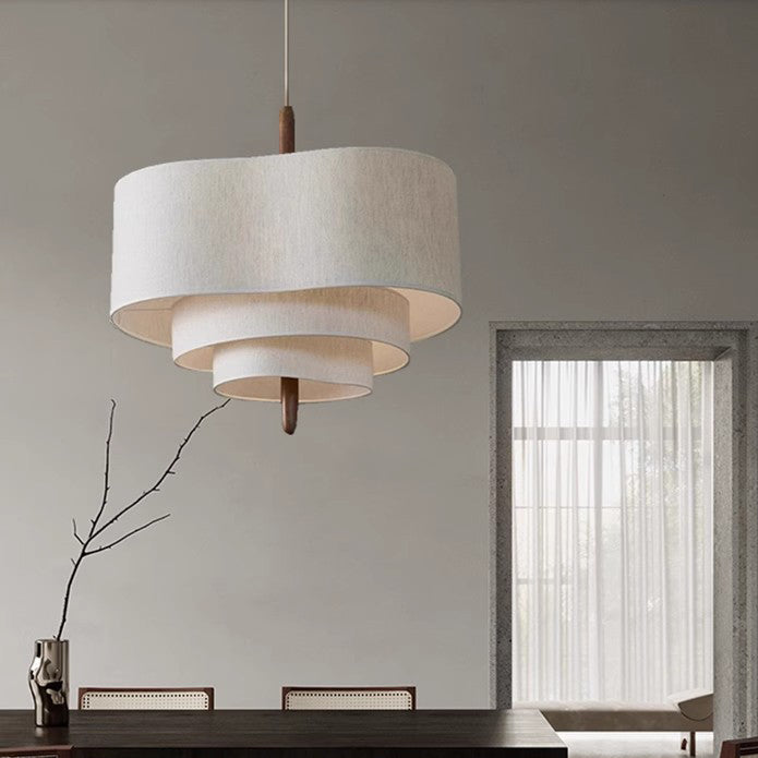 Traditional French Corrugated Fabric Shade Solid Wood 3-Light Pendant Light For Living Room