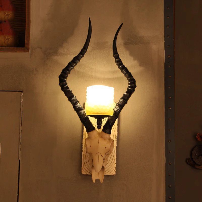Resin Antlers Glass Cylinder Shade 1-Light Wall Sconce Lamp