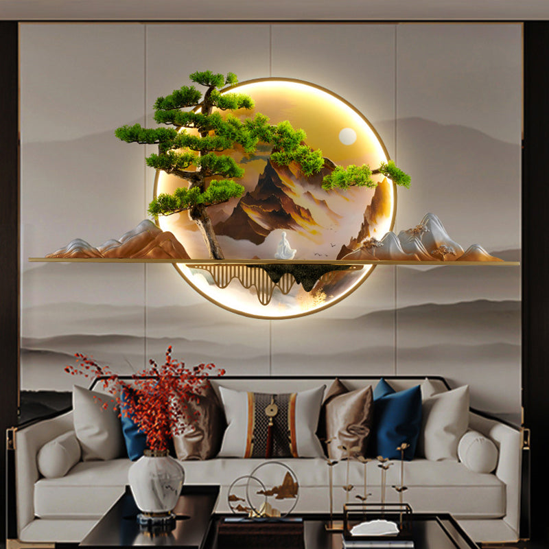Chinese Painting Aluminum Resin Round LED Wall Sconce Lamp