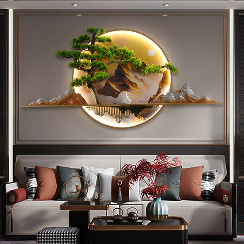 Chinese Painting Aluminum Resin Round LED Wall Sconce Lamp