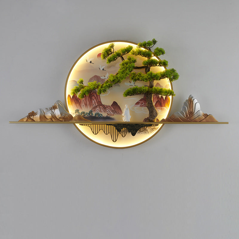 Chinese Painting Aluminum Resin Round LED Wall Sconce Lamp