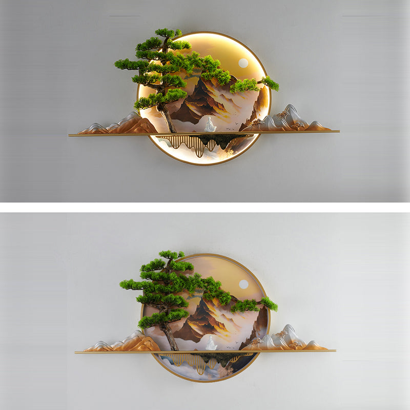 Chinese Painting Aluminum Resin Round LED Wall Sconce Lamp