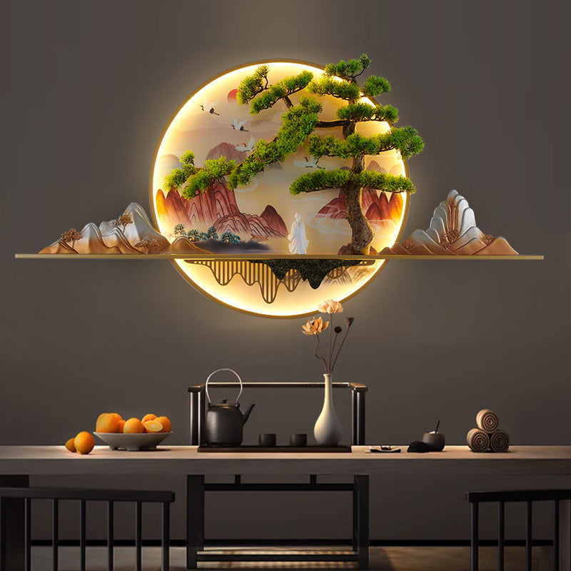 Chinese Painting Aluminum Resin Round LED Wall Sconce Lamp