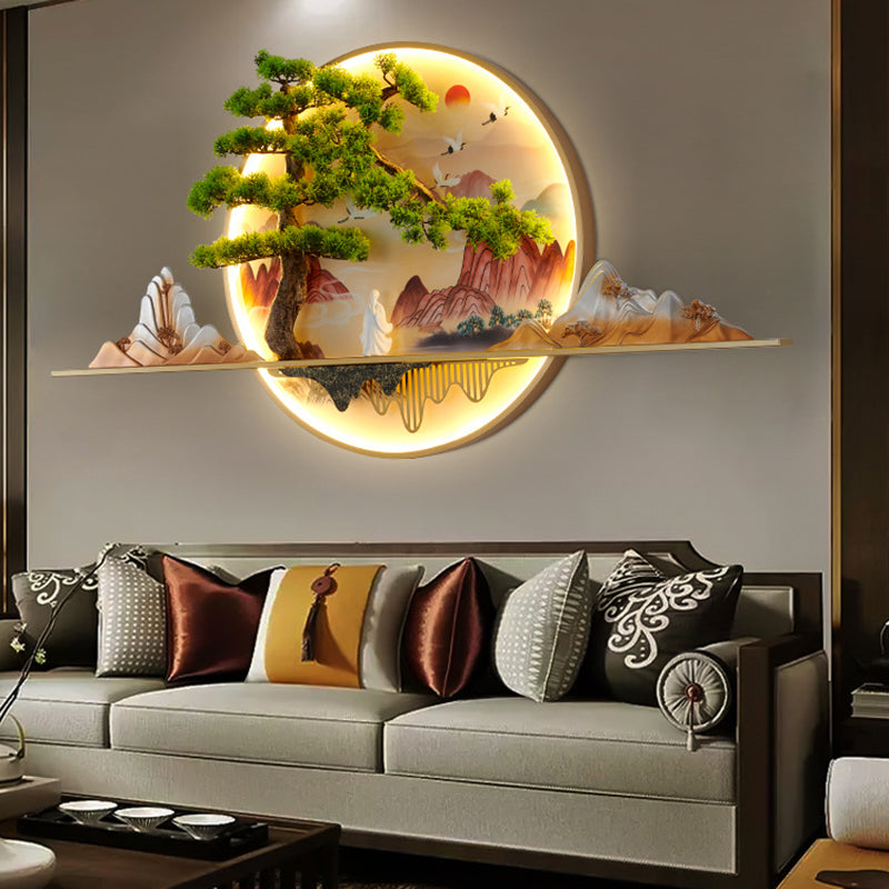 Chinese Painting Aluminum Resin Round LED Wall Sconce Lamp