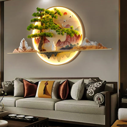 Chinese Painting Aluminum Resin Round LED Wall Sconce Lamp