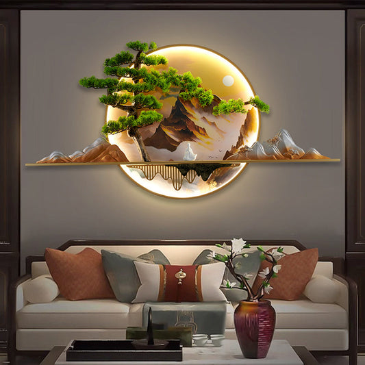Chinese Painting Aluminum Resin Round LED Wall Sconce Lamp