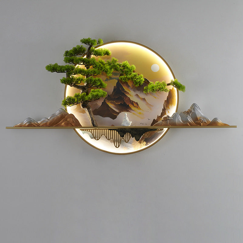 Chinese Painting Aluminum Resin Round LED Wall Sconce Lamp