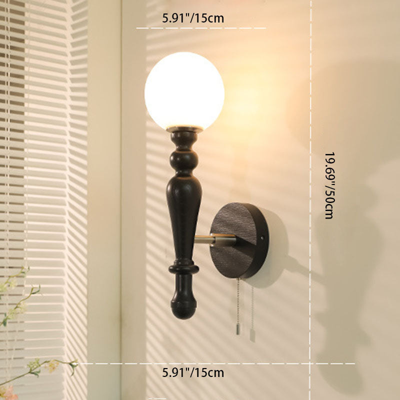 French Wood Rod Glass Ball Shade 1-Light Wall Sconce Lamp