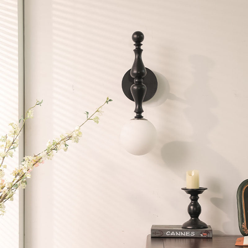 French Wood Rod Glass Ball Shade 1-Light Wall Sconce Lamp