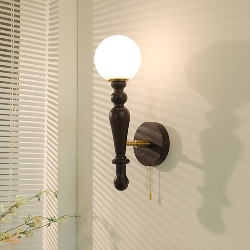 French Wood Rod Glass Ball Shade 1-Light Wall Sconce Lamp