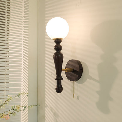 French Wood Rod Glass Ball Shade 1-Light Wall Sconce Lamp