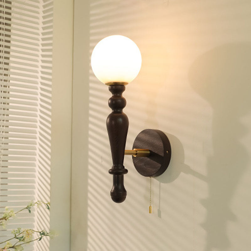 French Wood Rod Glass Ball Shade 1-Light Wall Sconce Lamp