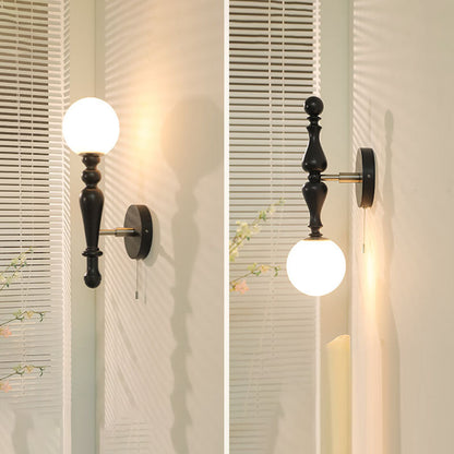 French Wood Rod Glass Ball Shade 1-Light Wall Sconce Lamp