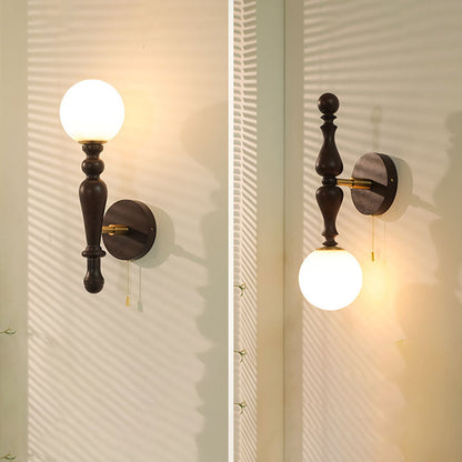 French Wood Rod Glass Ball Shade 1-Light Wall Sconce Lamp