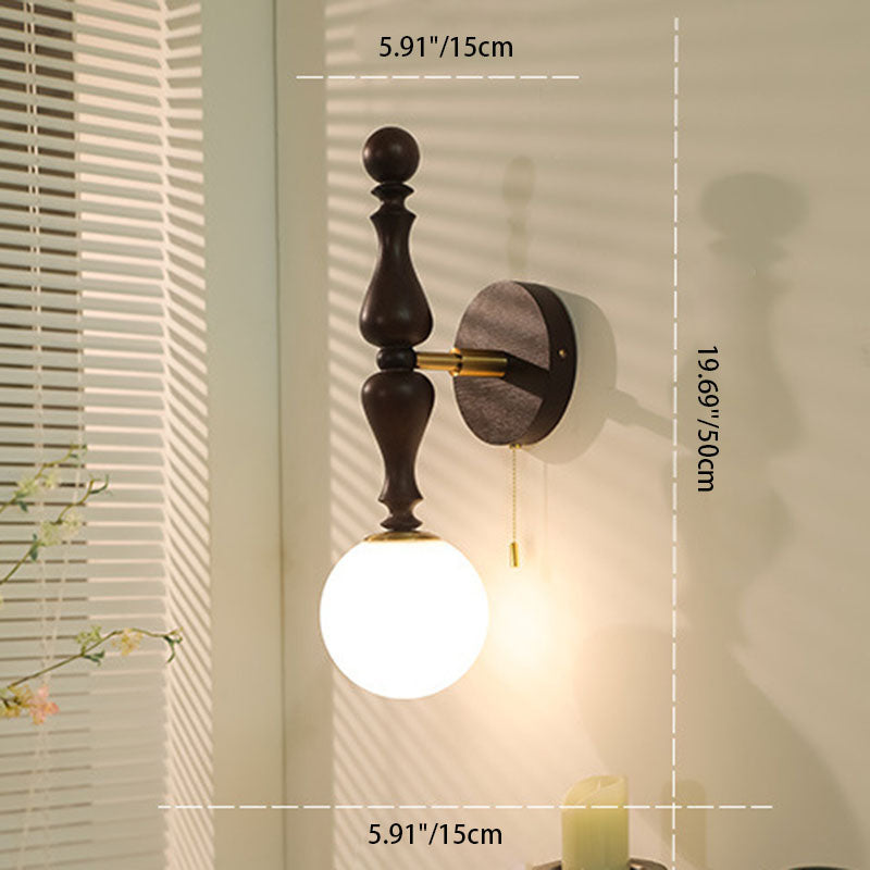 French Wood Rod Glass Ball Shade 1-Light Wall Sconce Lamp
