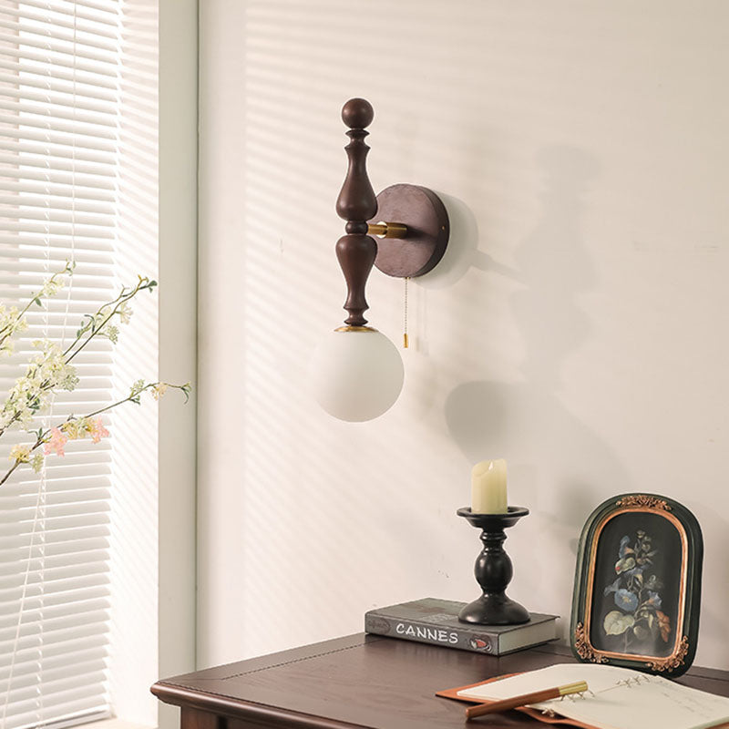 French Wood Rod Glass Ball Shade 1-Light Wall Sconce Lamp