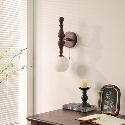 French Wood Rod Glass Ball Shade 1-Light Wall Sconce Lamp